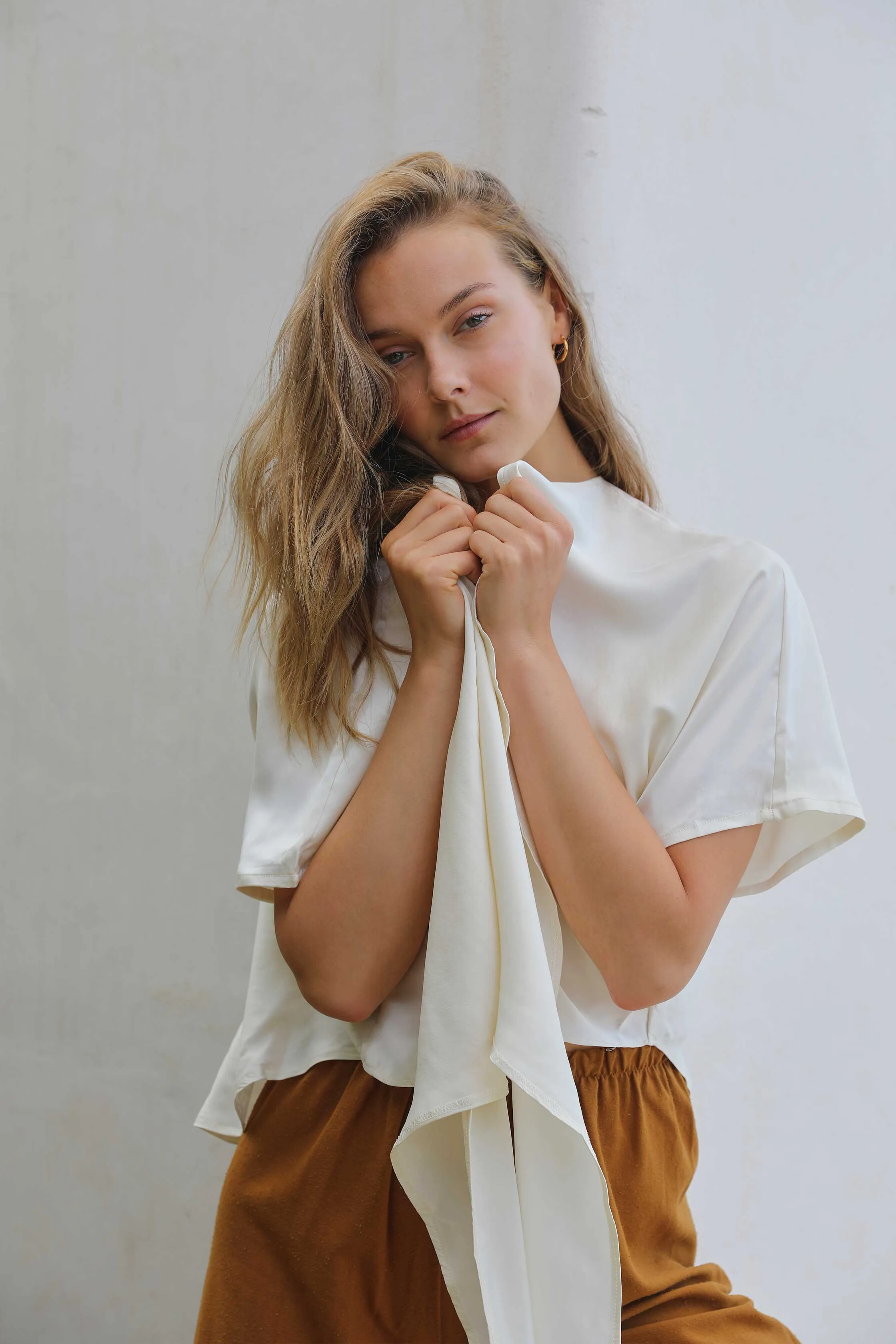 Washed Silk Wrap Blouse In Creme