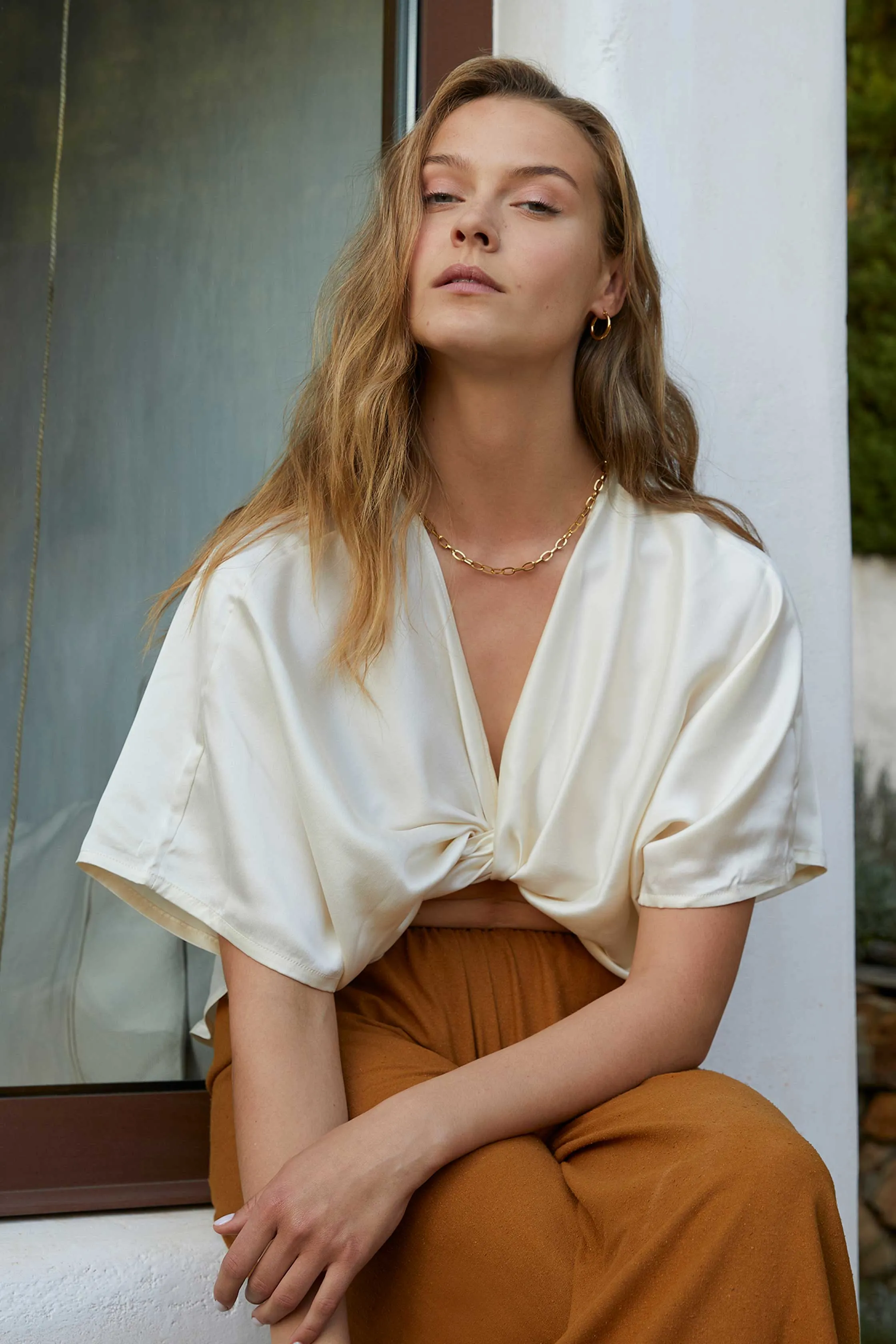 Washed Silk Wrap Blouse In Creme
