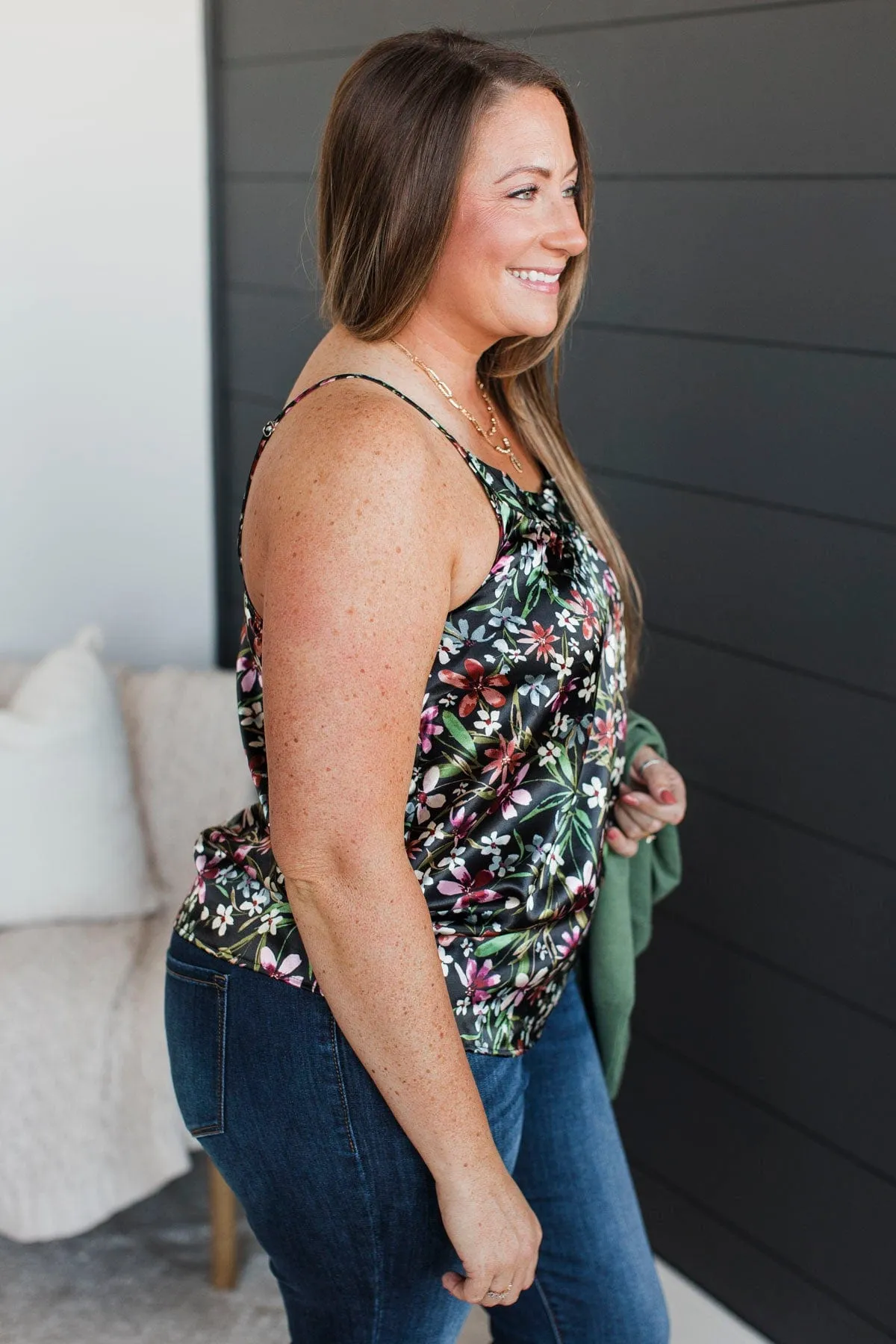 Ways Of The Heart Floral Tank Top- Black