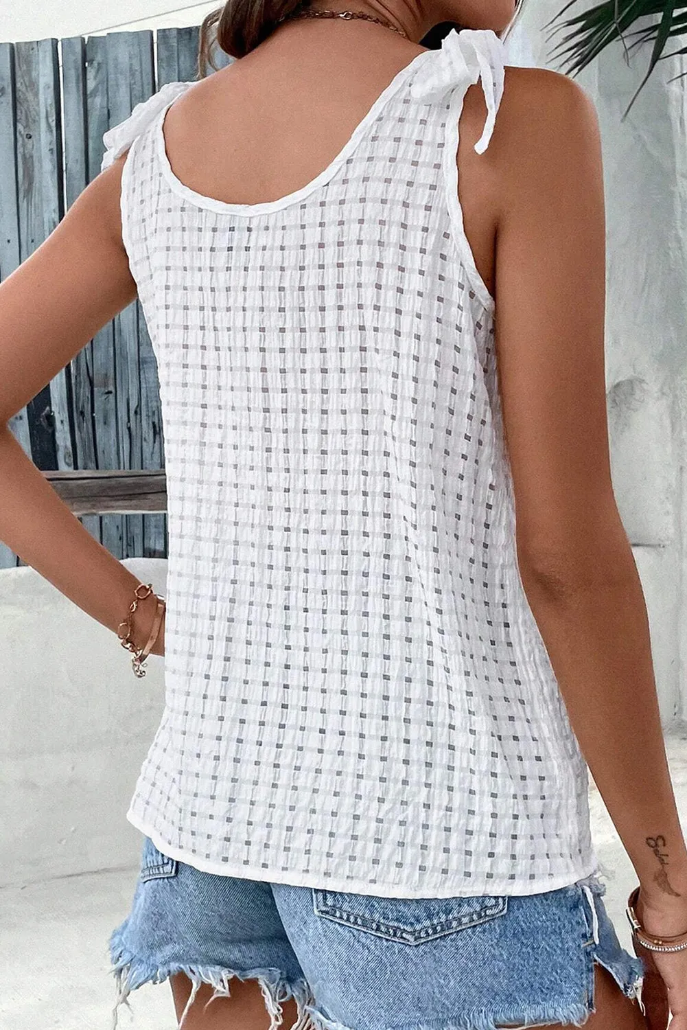 White Lattice Texture Bowknot Shoulder V Neck Tank Top