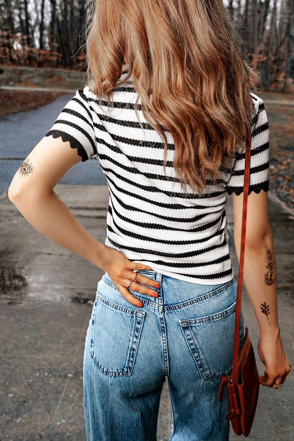White Stripe Striped Knit Scalloped Edge V Neck T Shirt Sweater