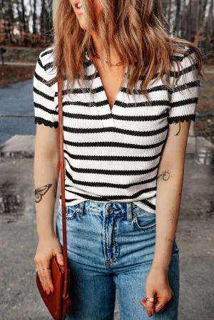 White Stripe Striped Knit Scalloped Edge V Neck T Shirt Sweater