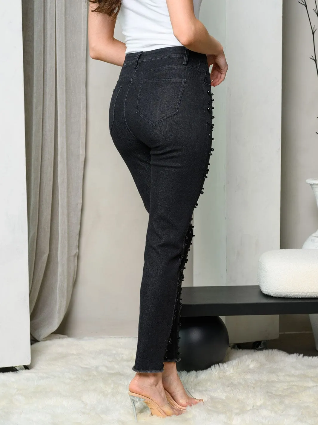 WOMEN'S BEAD SKINNY DENIM PANTS