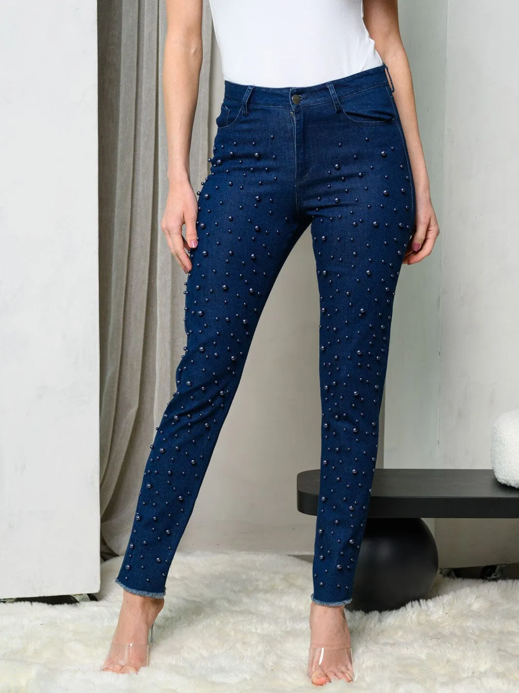 WOMEN'S BEAD SKINNY DENIM PANTS