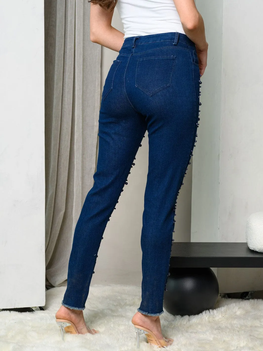 WOMEN'S BEAD SKINNY DENIM PANTS