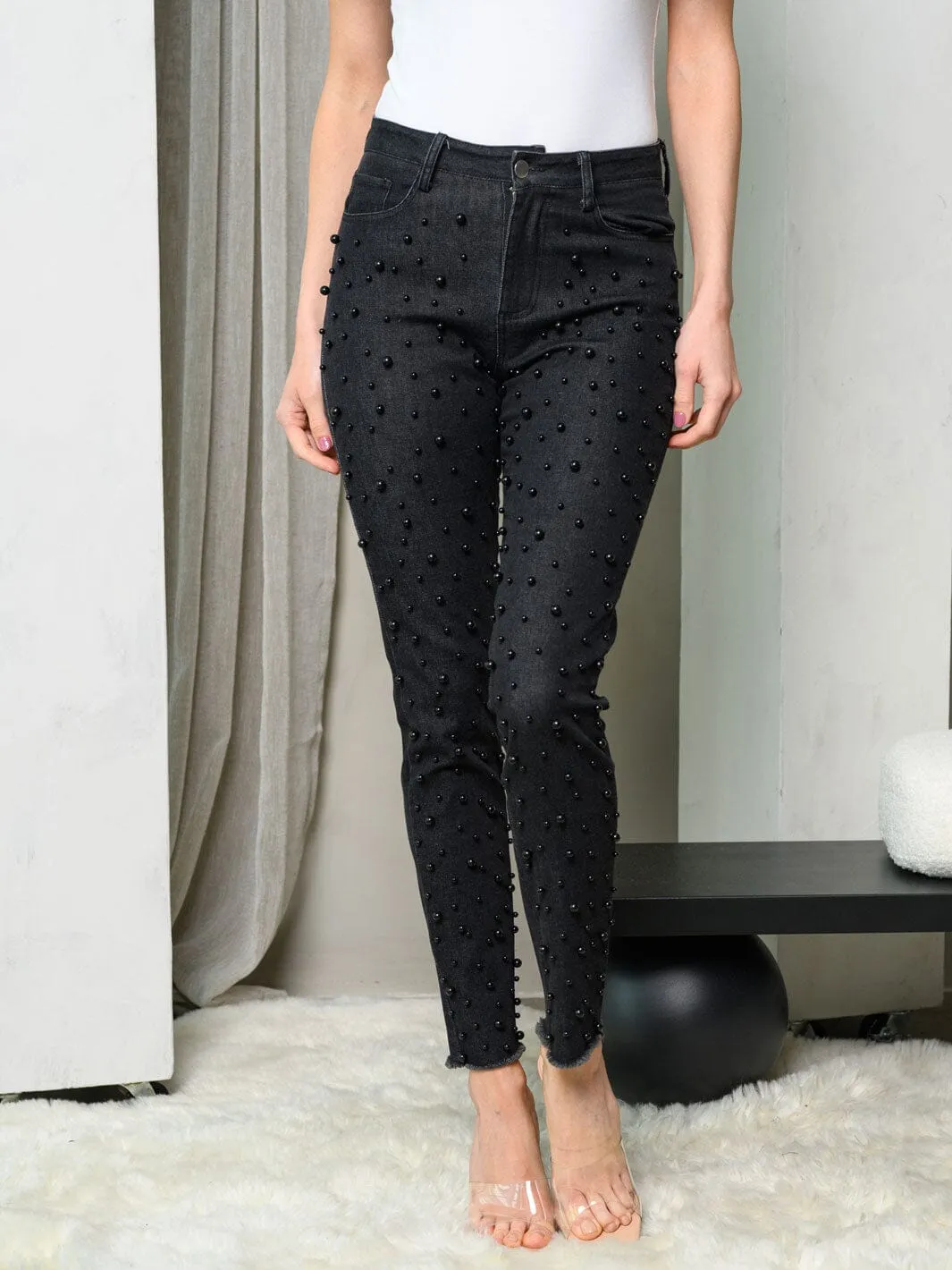 WOMEN'S BEAD SKINNY DENIM PANTS