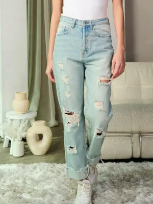 WOMEN'S BUTTON CLOSURE DISTRESS DENIM PANTS