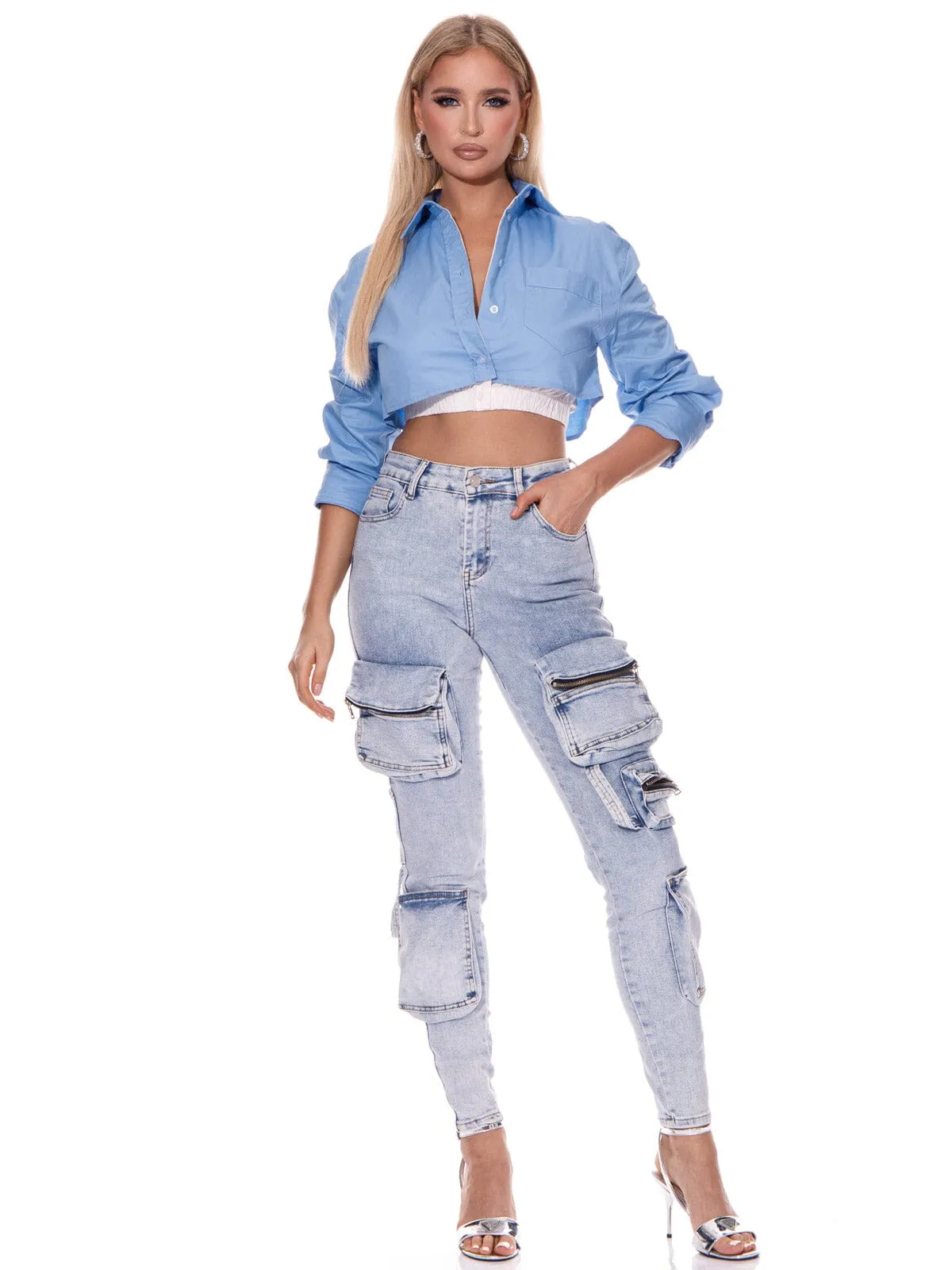 WOMEN'S BUTTON CLOSURE POCKETS SKINNY LEGS DENIM PANTS