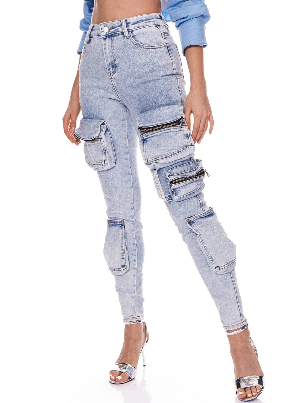 WOMEN'S BUTTON CLOSURE POCKETS SKINNY LEGS DENIM PANTS