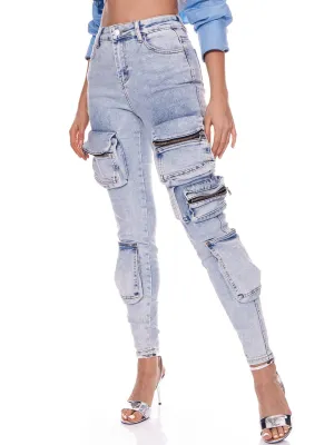 WOMEN'S BUTTON CLOSURE POCKETS SKINNY LEGS DENIM PANTS