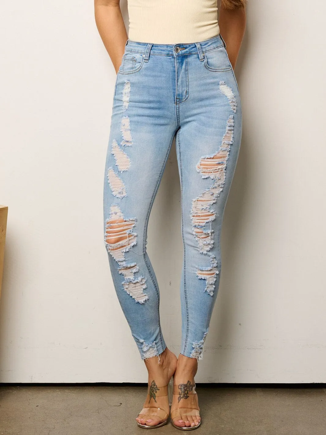 WOMEN'S BUTTON CLOSURE STRETCH DISTRESS DENIM SKINNY JEANS