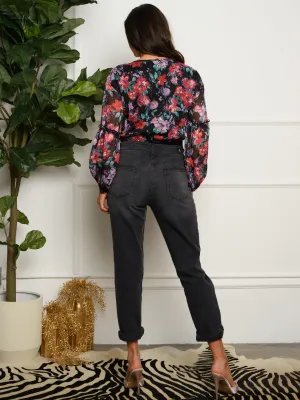 WOMEN'S LONG SLEEVE V-NECK FLORAL BODYSUIT