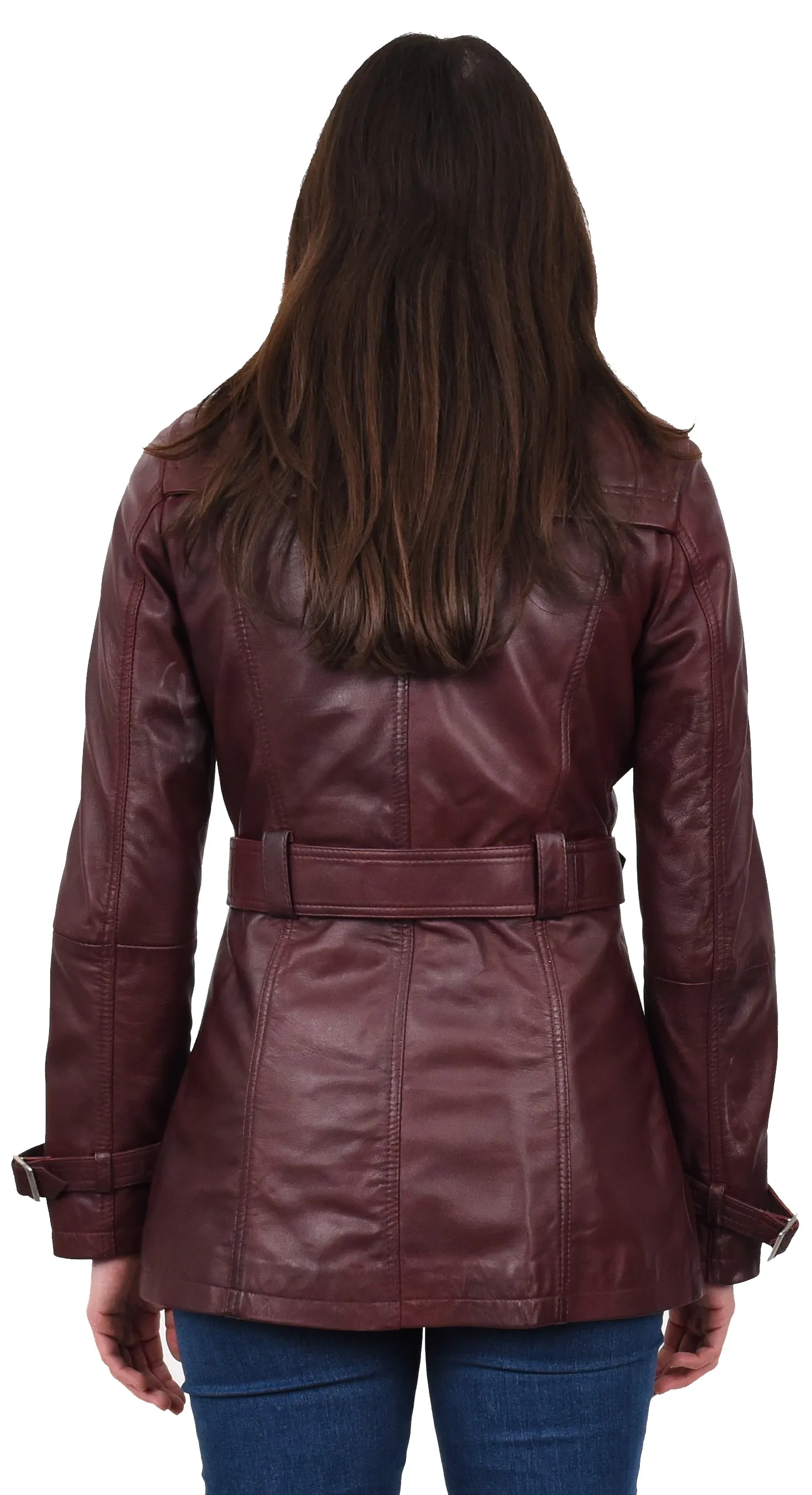 Women's Real Leather Buttoned Coat With Belt Burgundy GlamTrench
