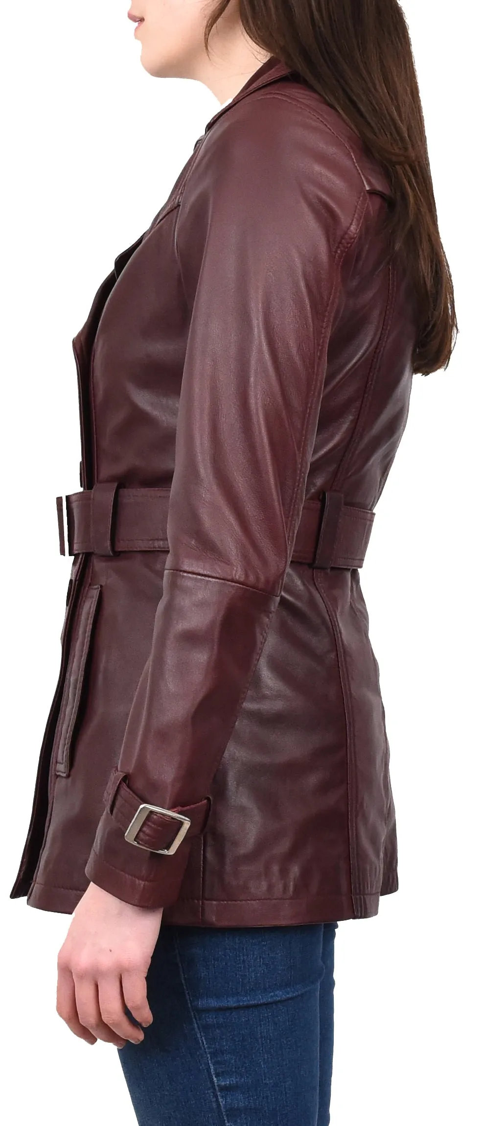 Women's Real Leather Buttoned Coat With Belt Burgundy GlamTrench