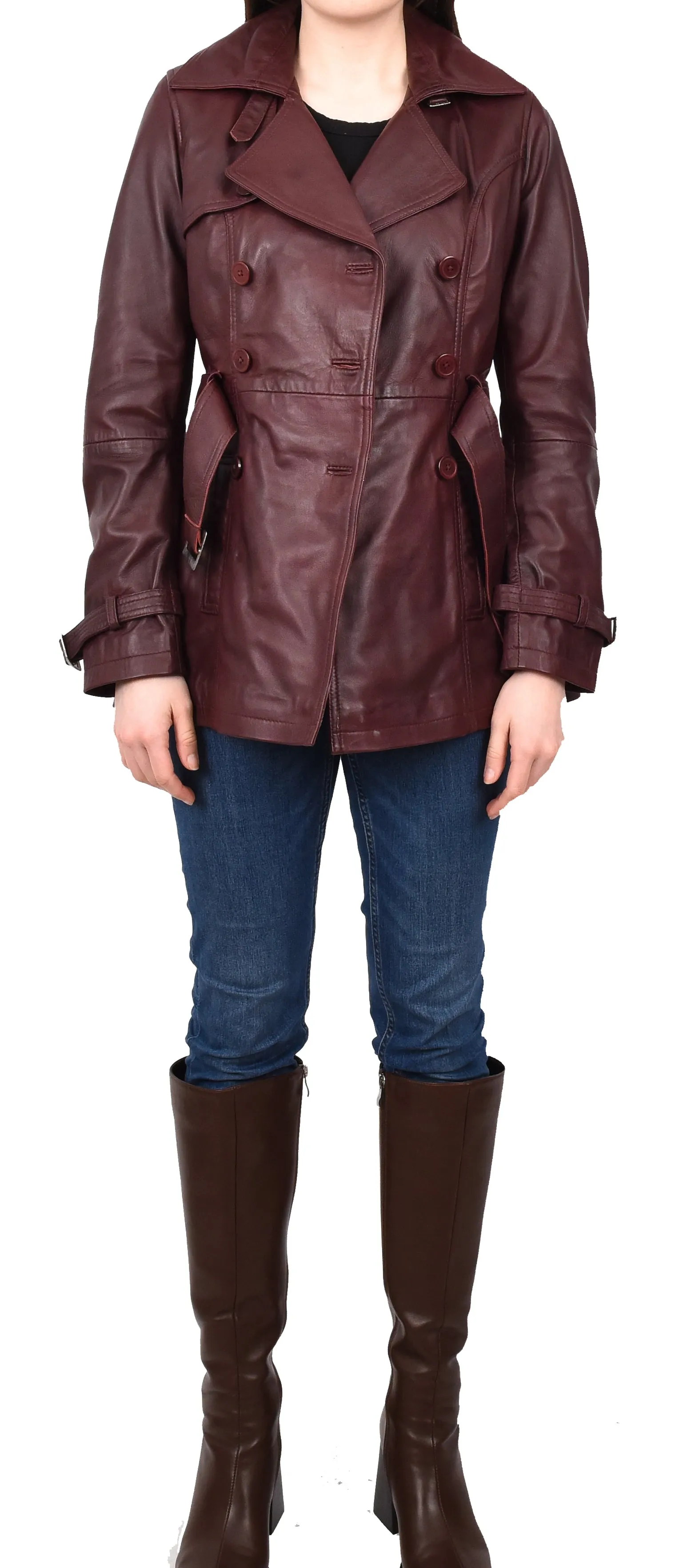 Women's Real Leather Buttoned Coat With Belt Burgundy GlamTrench