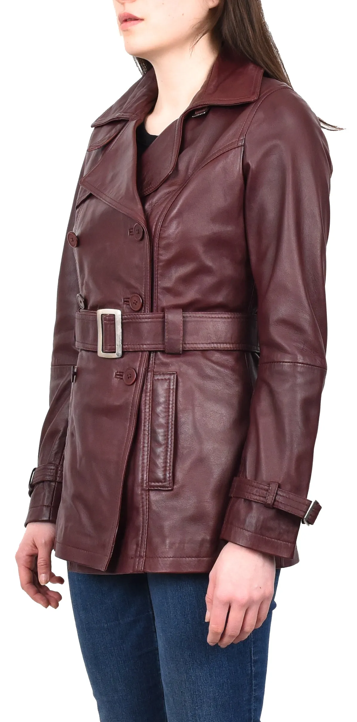 Women's Real Leather Buttoned Coat With Belt Burgundy GlamTrench