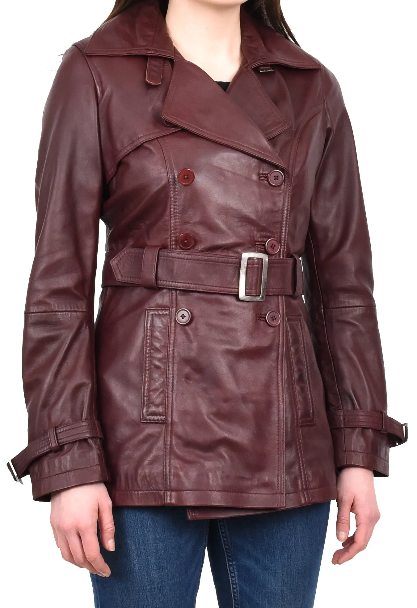 Women's Real Leather Buttoned Coat With Belt Burgundy GlamTrench