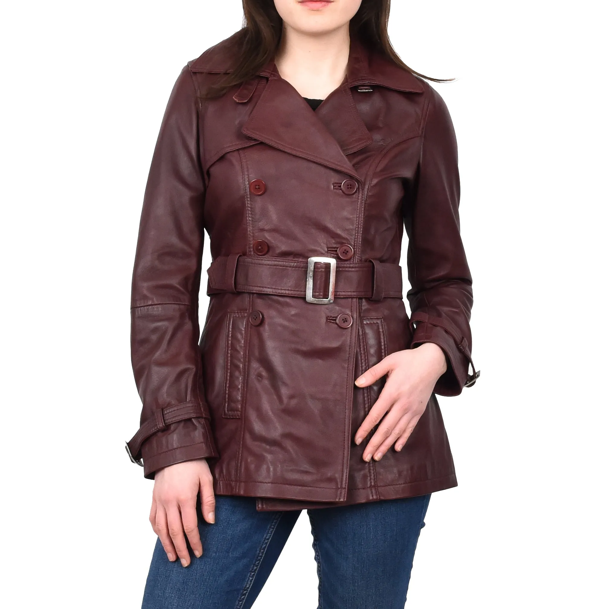 Women's Real Leather Buttoned Coat With Belt Burgundy GlamTrench