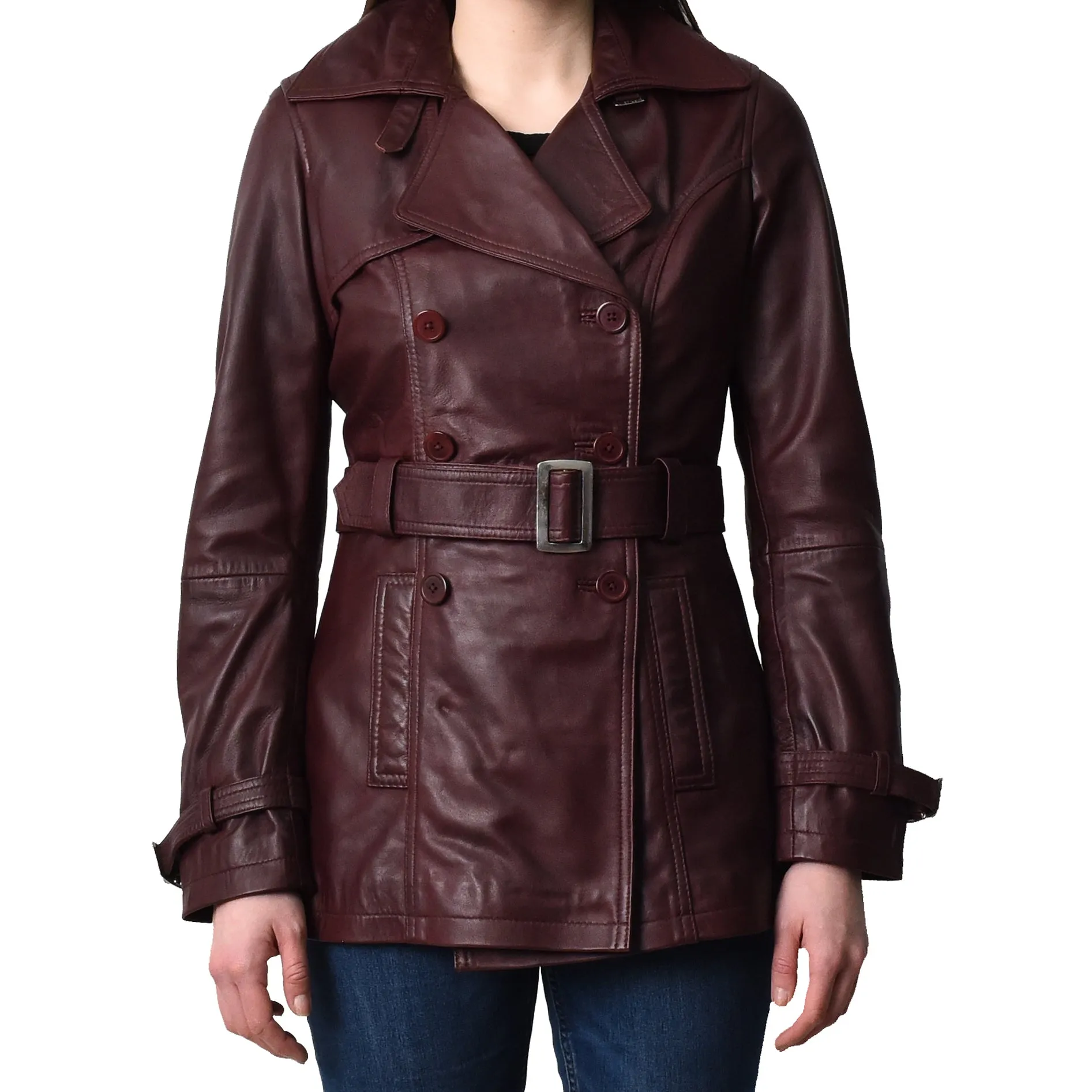 Women's Real Leather Buttoned Coat With Belt Burgundy GlamTrench