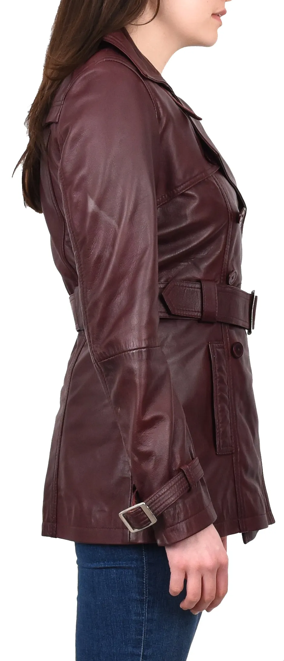 Women's Real Leather Buttoned Coat With Belt Burgundy GlamTrench