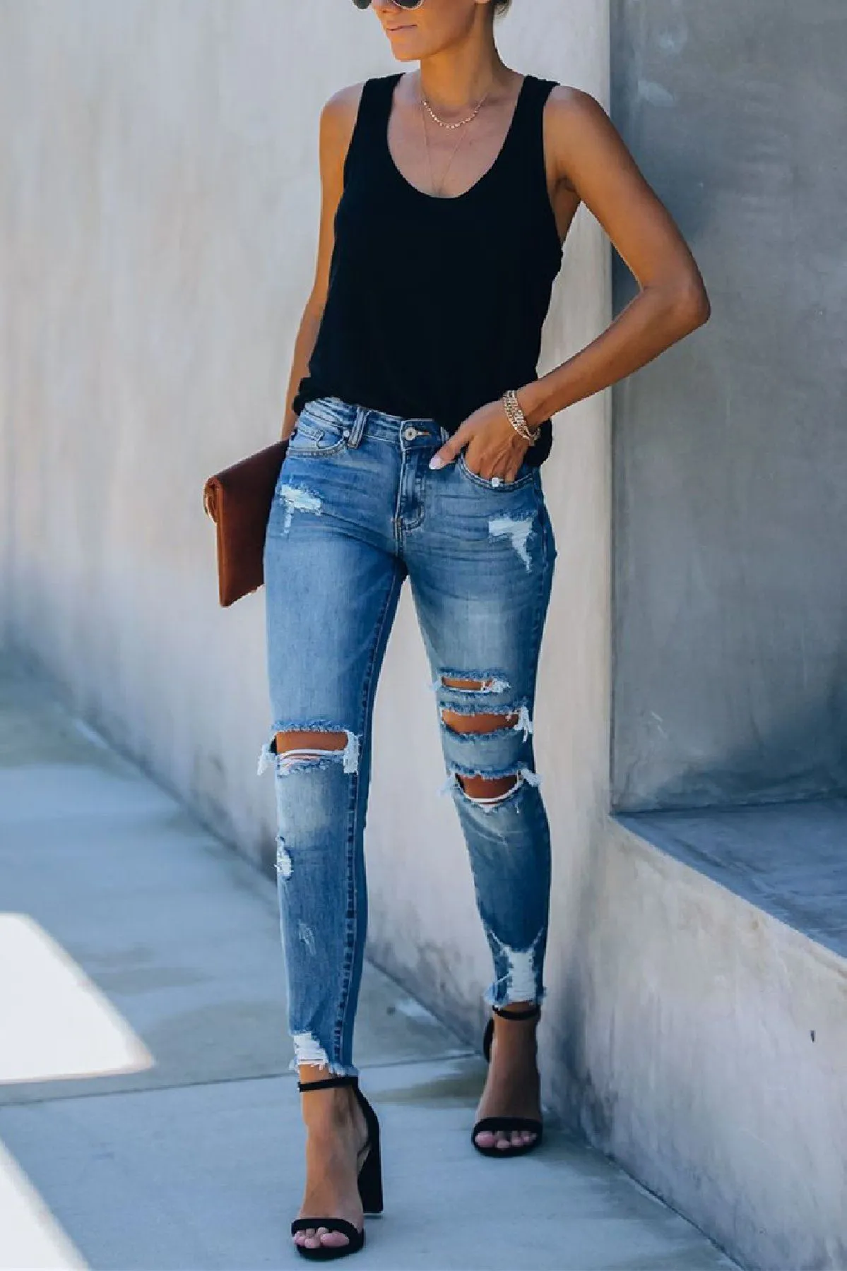Worldwide Mid Rise Distressed Skinny - Medium Wash