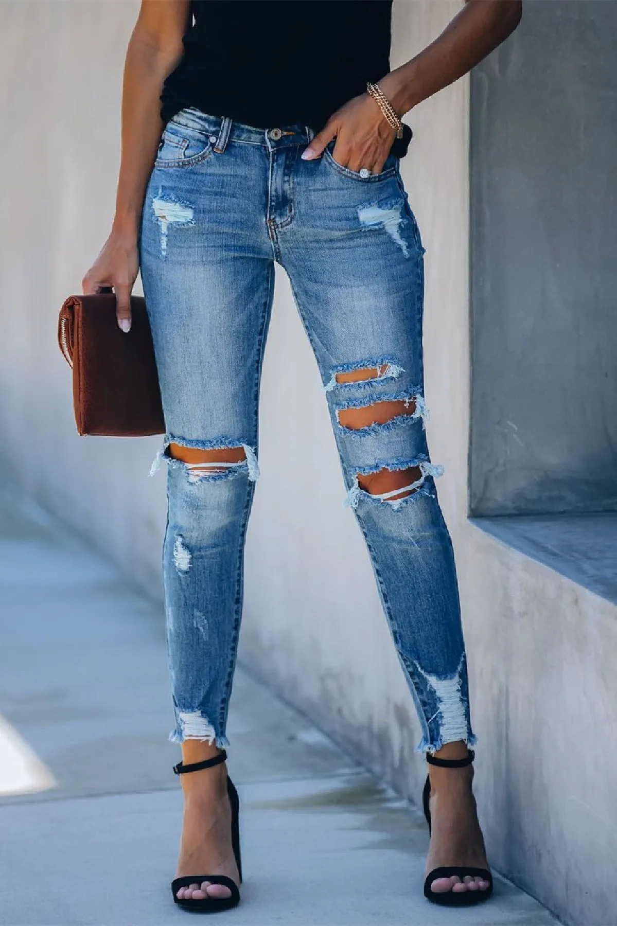 Worldwide Mid Rise Distressed Skinny - Medium Wash