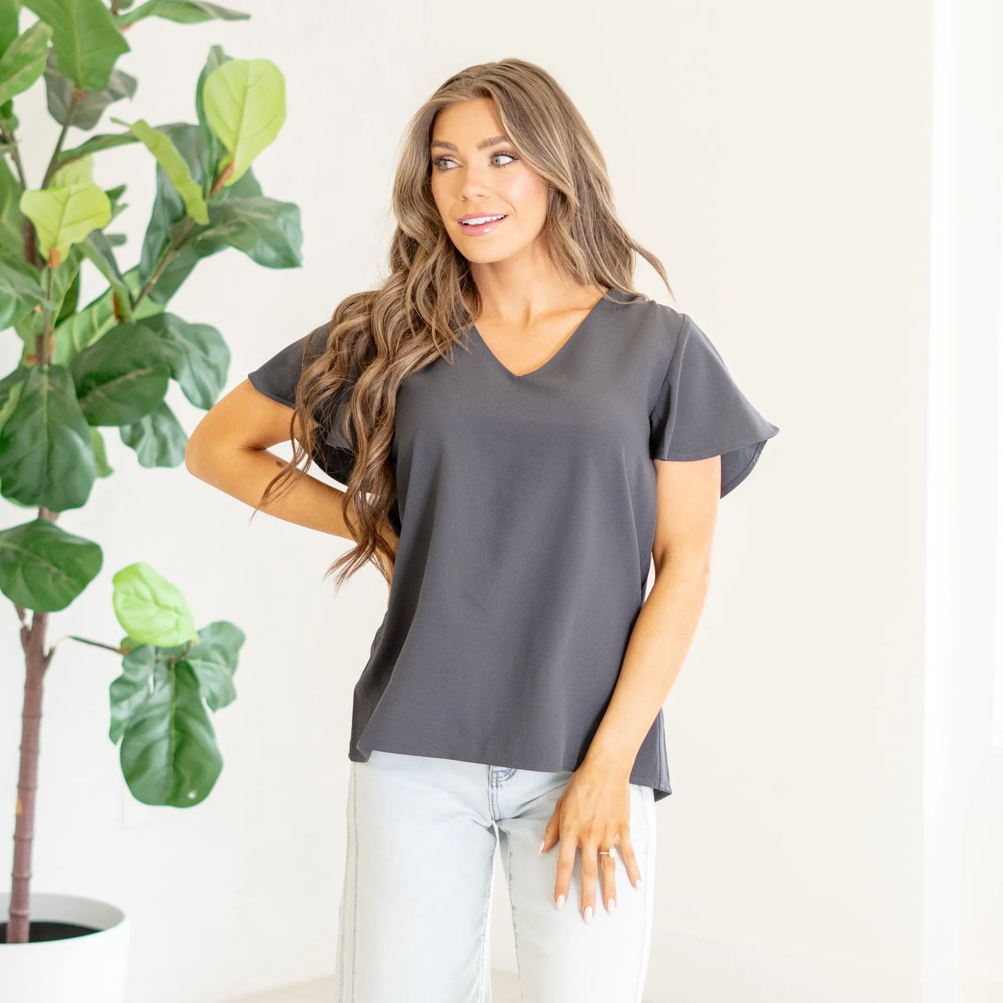 Woven flutter sleeve v-neck top
