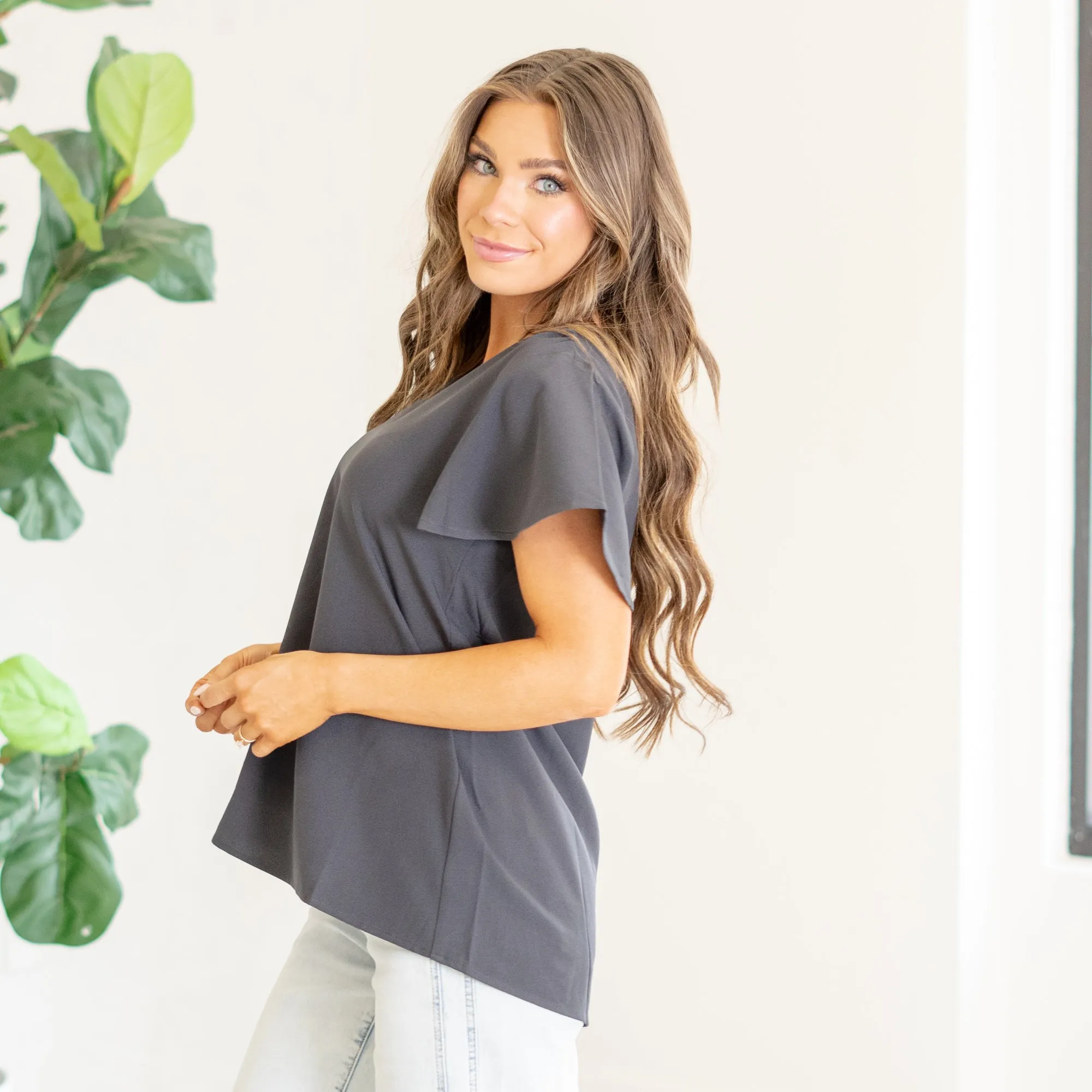 Woven flutter sleeve v-neck top