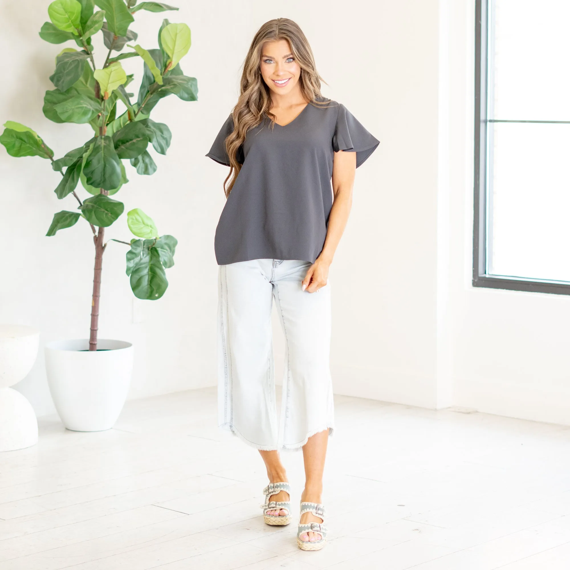 Woven flutter sleeve v-neck top