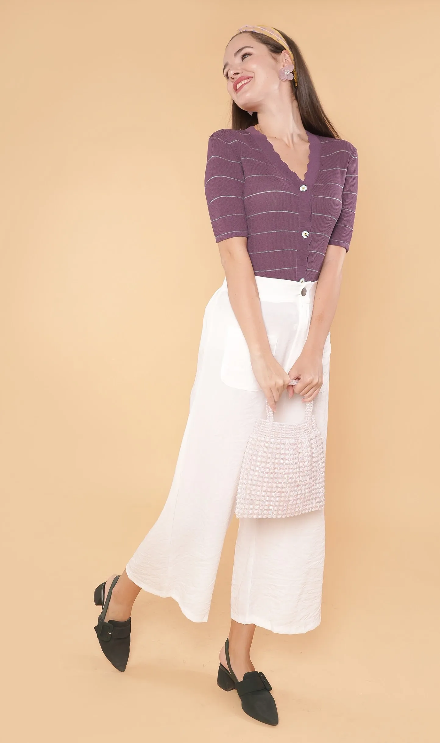 ZARIA Scalloped-Neck Knit Top (Purple)