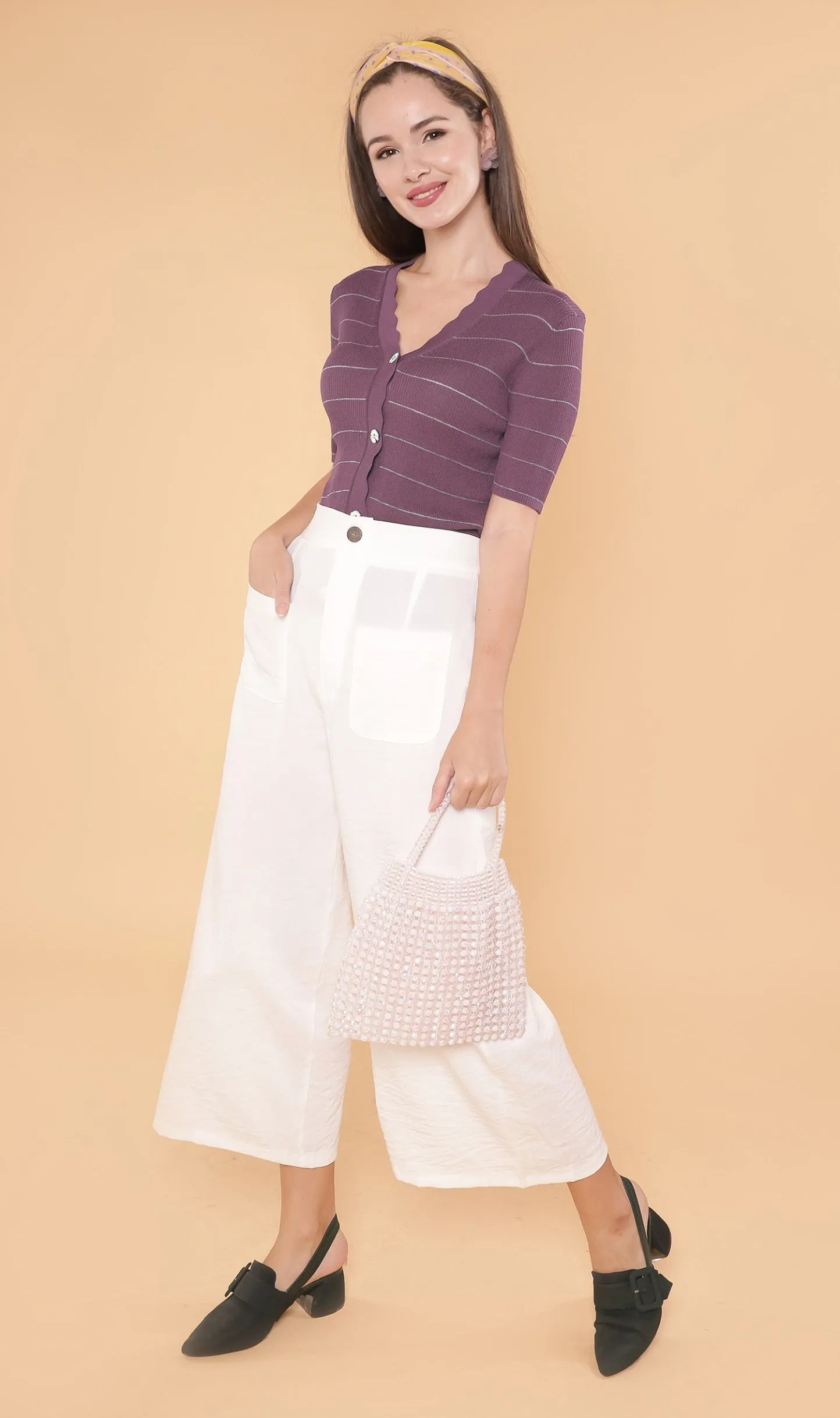 ZARIA Scalloped-Neck Knit Top (Purple)
