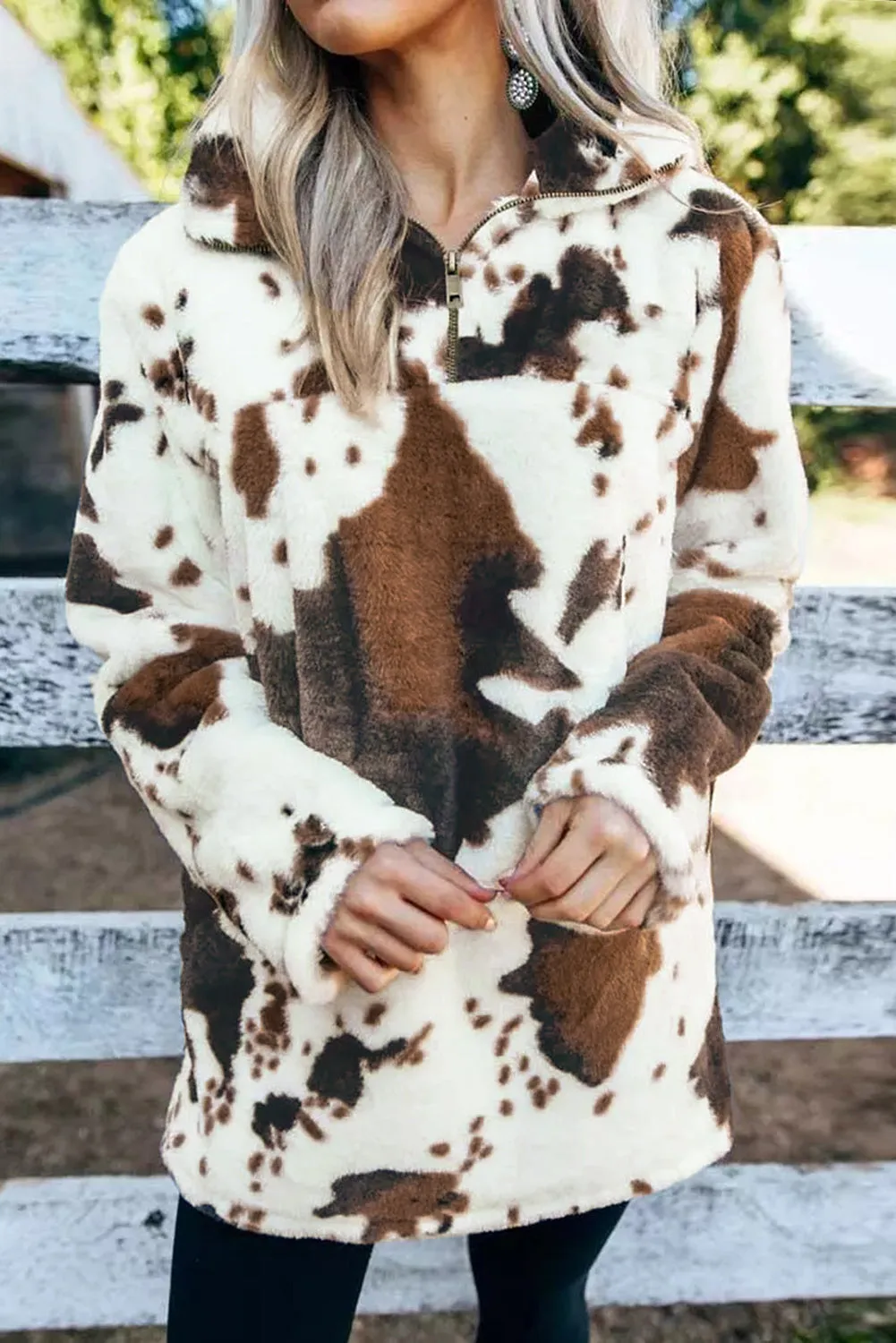 Zip Collar Cow Print Fleece Sweatshirt