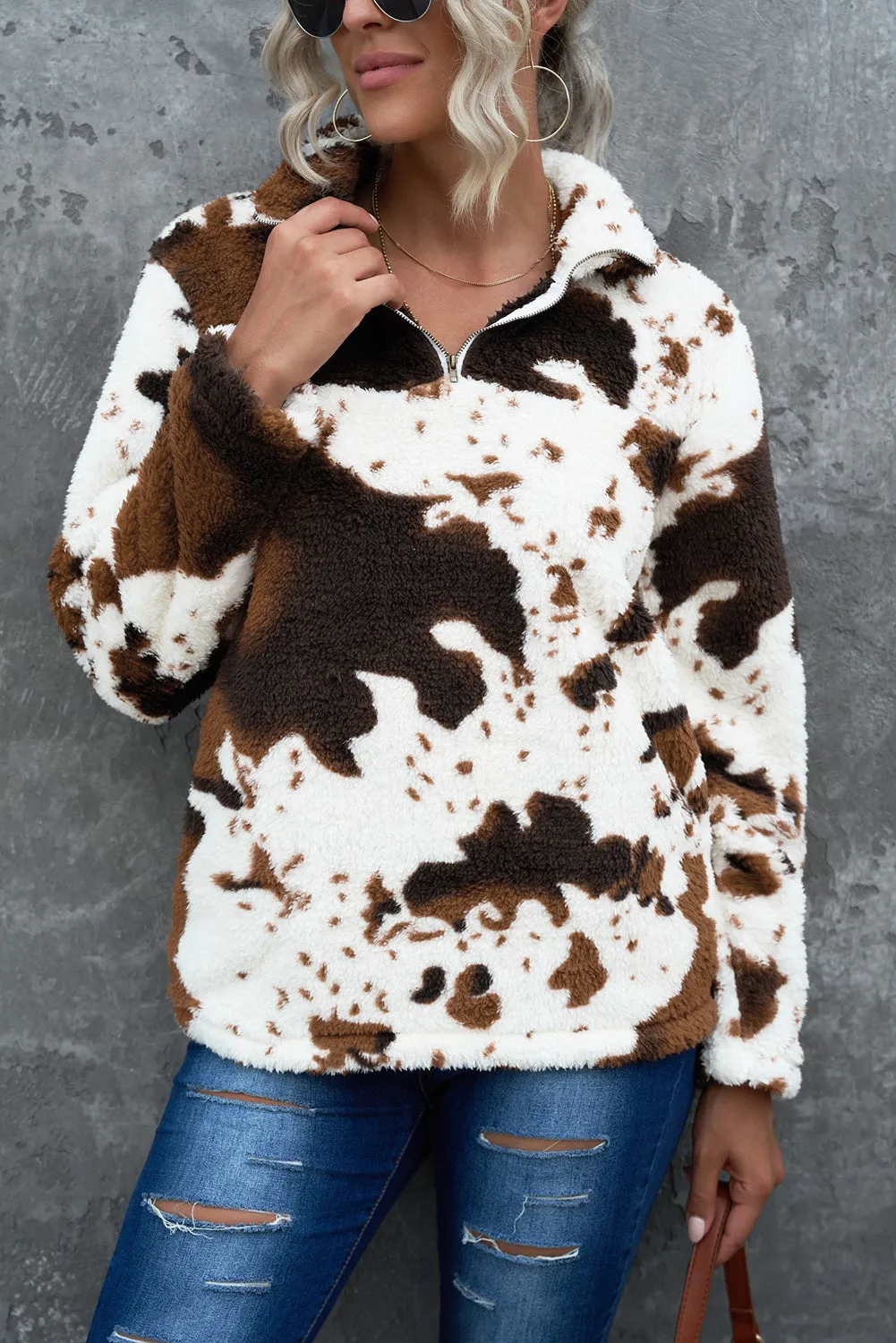 Zip Collar Cow Print Fleece Sweatshirt