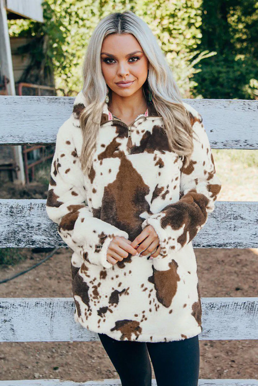 Zip Collar Cow Print Fleece Sweatshirt
